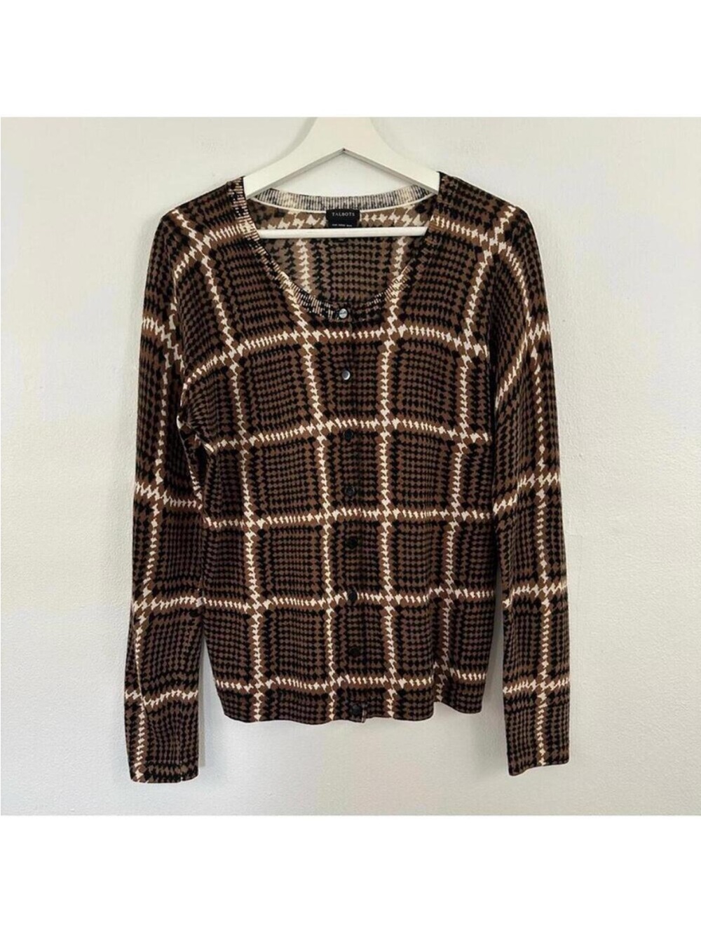 Talbots Women’s Merino Wool Brown Plaid Button Down Sweater Size M